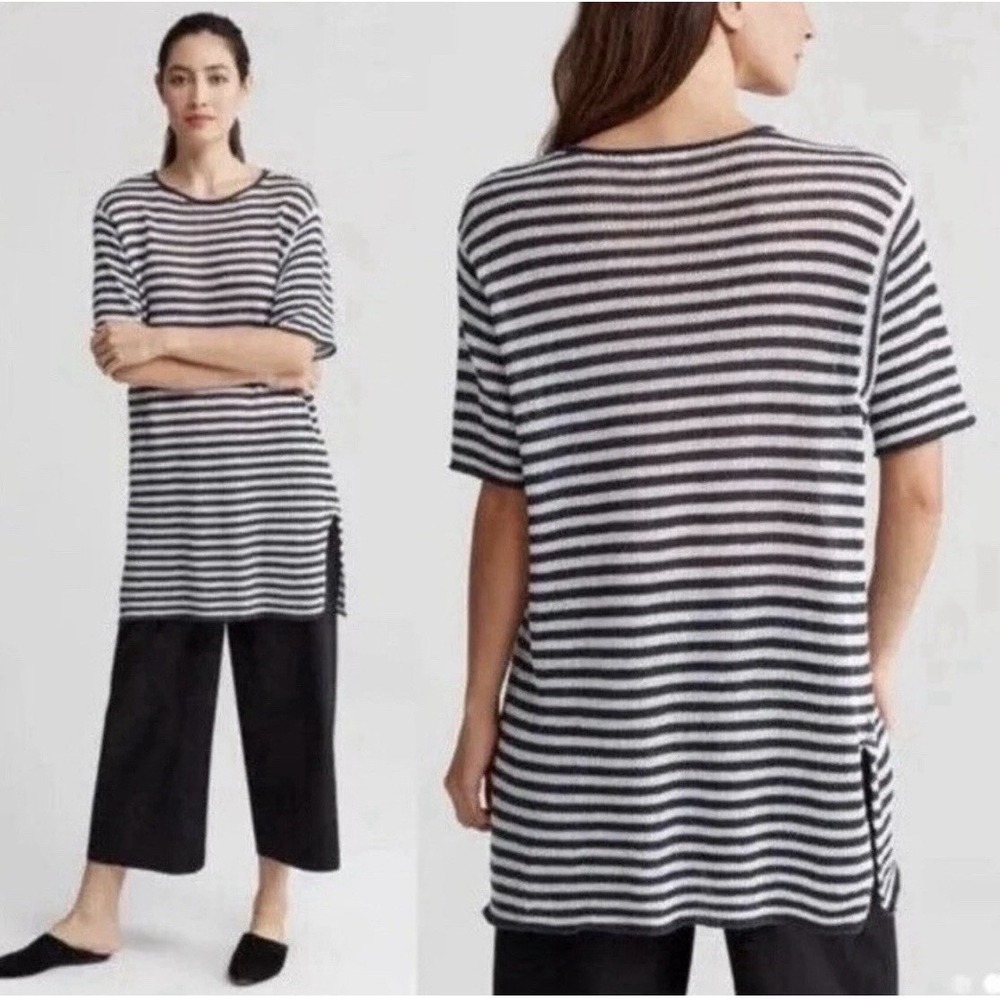 EILEEN FISHER 100% ORGANIC LINEN SS Striped Knit Tunic Top Cover Up‎ Dress Small